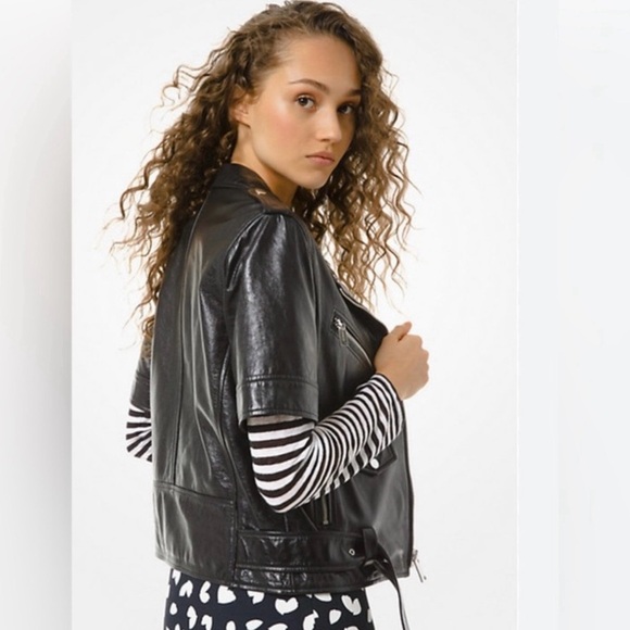 MICHAEL KORS Short Sleeve Black Leather Moto Biker Jacket Medium - Picture 4 of 13